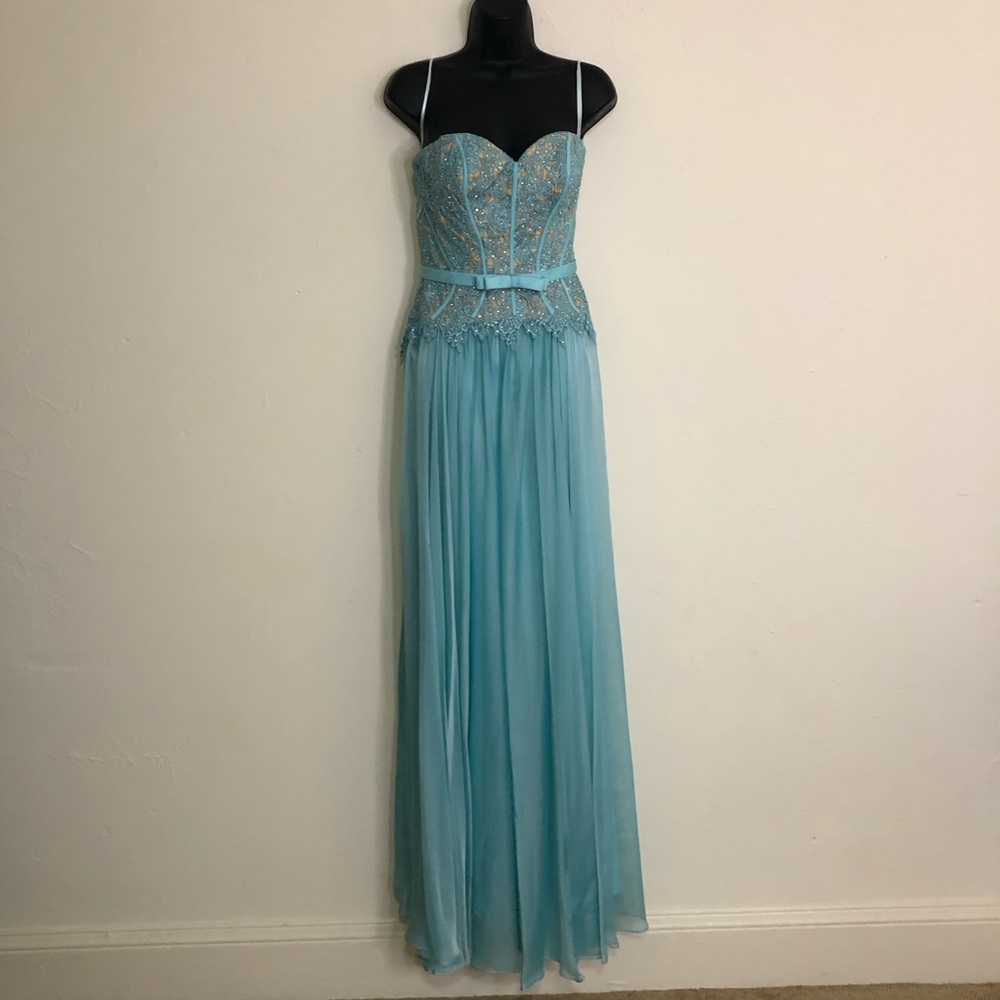 La Femme Light Aqua Blue Beaded Prom Gown